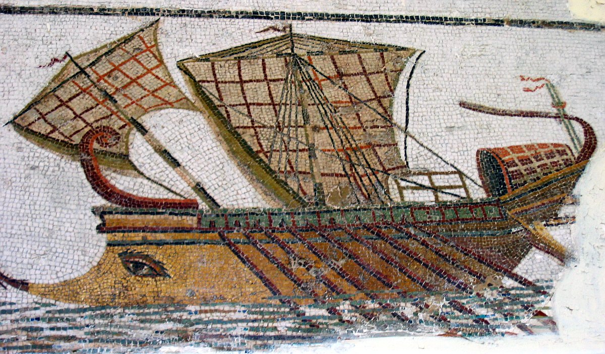 Római háromsorevezős gálya (triérész) egy karthágói mozaikról (forrás: Wikimedia)