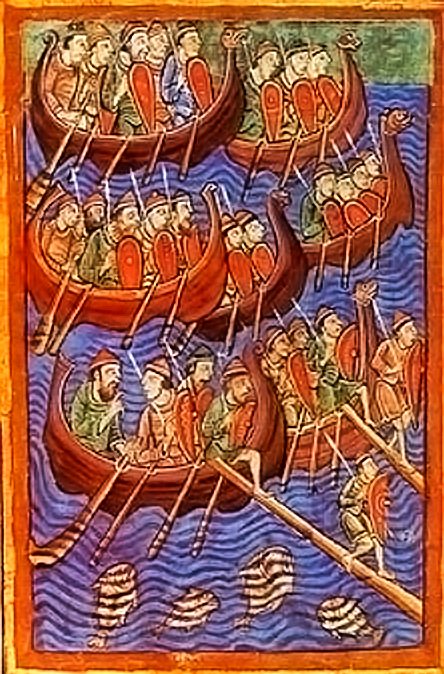 Viking sárkányhajók (drakkarok) egy 12. századi krónikában (forrás: Wikimedia)